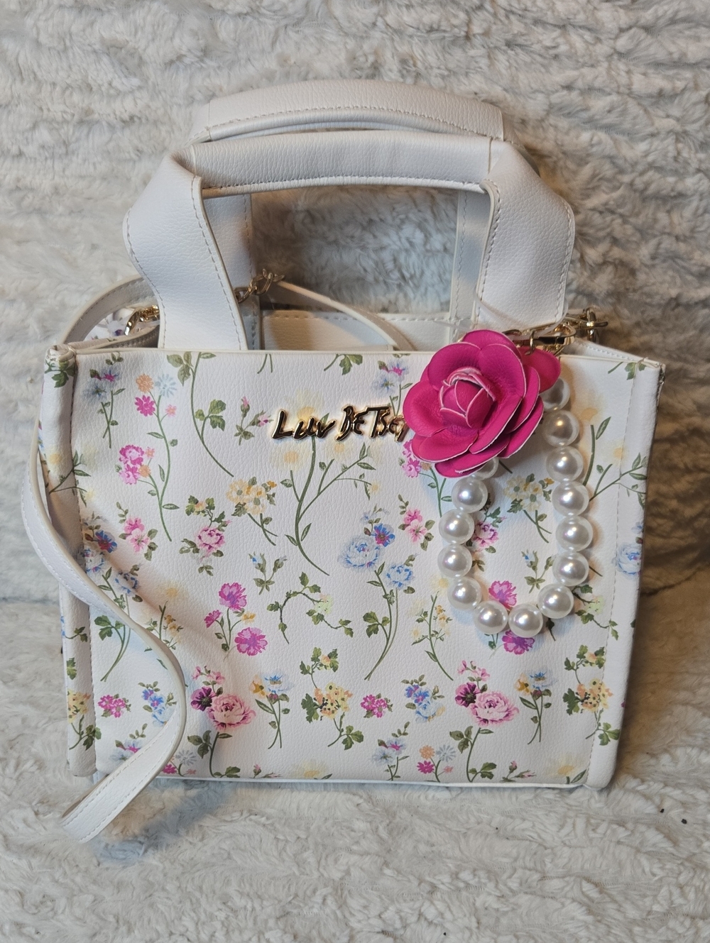 Betsey Johnson White Floral Satchel with Pink Flower Accent NWOT